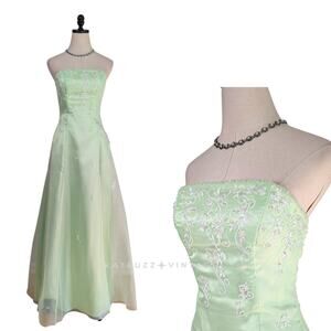 Vintage Prom Dress Maxi Ball Gown S Green Y2K Fairy Princess Floral Strapless